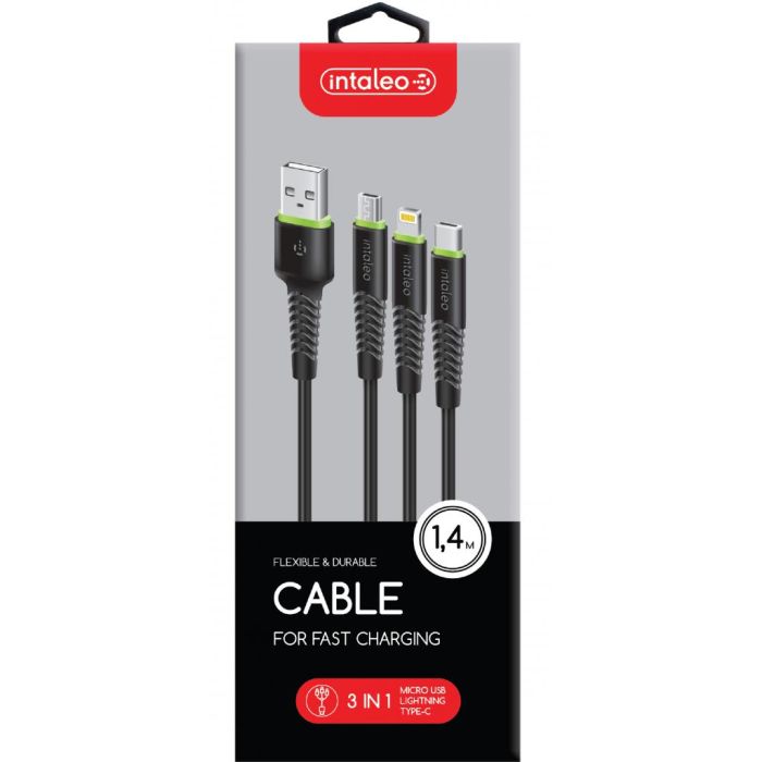Дата кабель USB 2.0 AM to Lightning + Micro 5P + USB-C 1.4m CBFLEXU1 bl Intaleo (1283126487521)