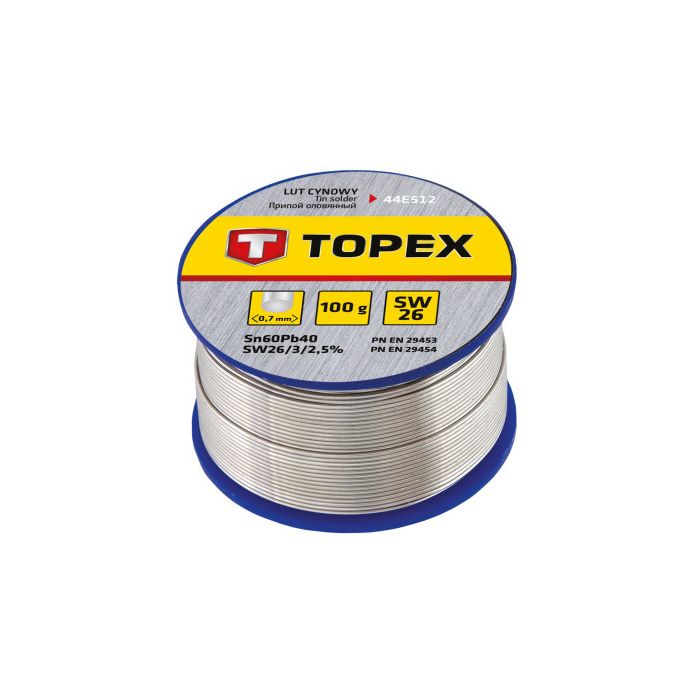 Припій для пайки Topex олов'яний 60%Sn, дрiт 0.7 мм,100 г (44E512)