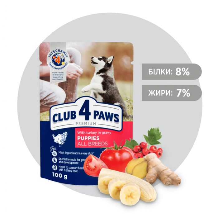 Вологий корм для собак Club 4 Paws для цуценят з індичкою в соусі 100 г (4820215363198)
