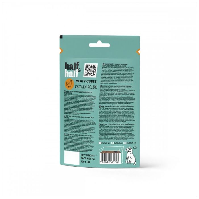 Ласощі для собак Half&Half у формі м'ясних кубиків з куркою 100 г (4823082431793)