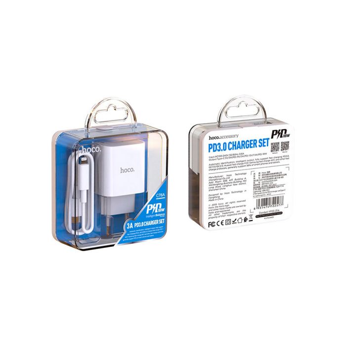 Зарядний пристрій HOCO C76A Plus Speed Source USB-C PD20W + cable USB-C to Lightning White (6931474746924)