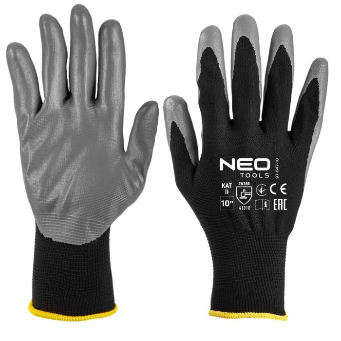 Захисні рукавиці Neo Tools комплект 12шт, поліестер з нітриловим покриттям, р.10, сіро-чорний (97-647-10)