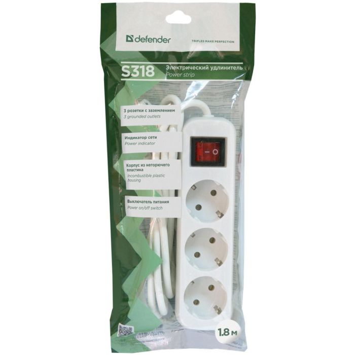 Мережевий подовжувач Defender S318 1.8 m 3 роз switch white (99233)