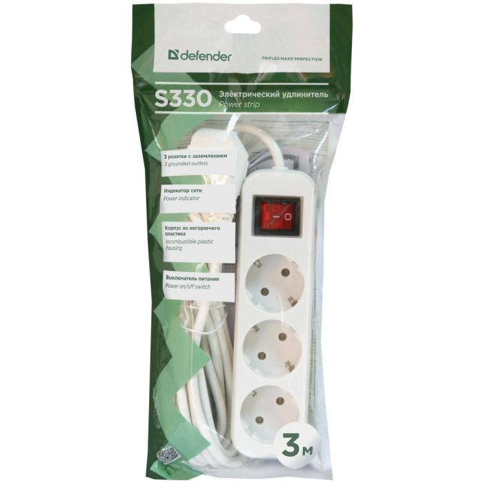 Мережевий подовжувач Defender S330 3.0 m 3 роз switch white (99234)