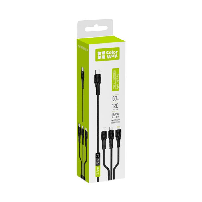 Дата кабель USB 2.0 AM to Lightning + Micro 5P + USB-C 1.2m 3.0A (PD60W data) Black ColorWay (CW-CBPDU3060-BK)