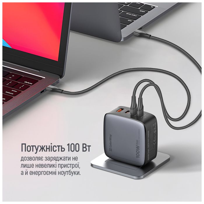 Зарядний пристрій ColorWay Power Delivery GaN (USB-A + 3USB TYPE-C) (100W) (CW-CHS047PD-BK)