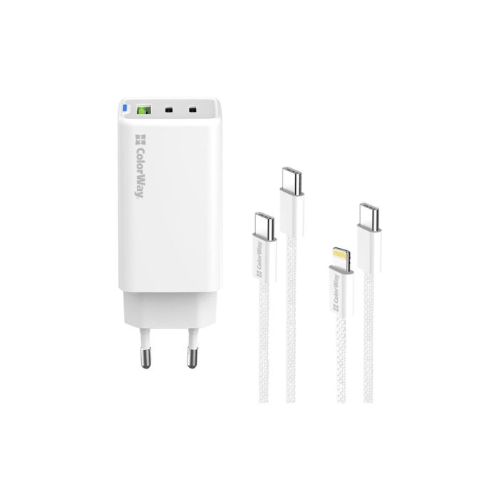 Зарядний пристрій ColorWay GaN Mini 65W PD Port PPS USB (USB-2C1A) cable Type-C&Lightning (CW-CHS058PDCL-WT)