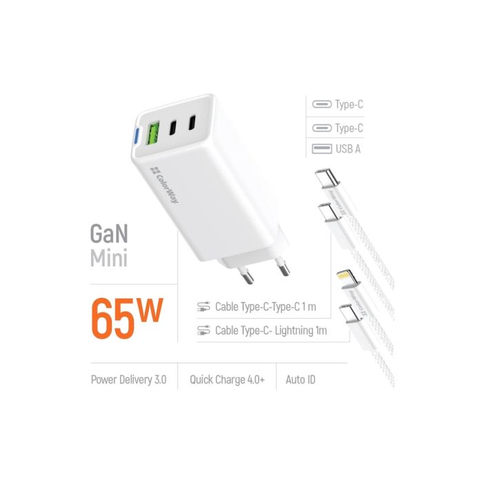 Зарядний пристрій ColorWay GaN Mini 65W PD Port PPS USB (USB-2C1A) cable Type-C&Lightning (CW-CHS058PDCL-WT)