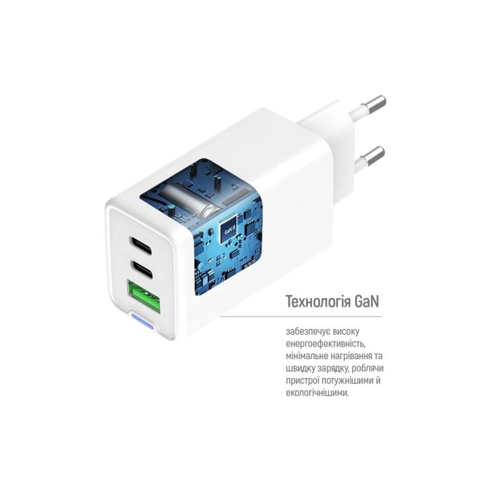 Зарядний пристрій ColorWay GaN Mini 65W PD Port PPS USB (USB-2C1A) cable Type-C&Lightning (CW-CHS058PDCL-WT)