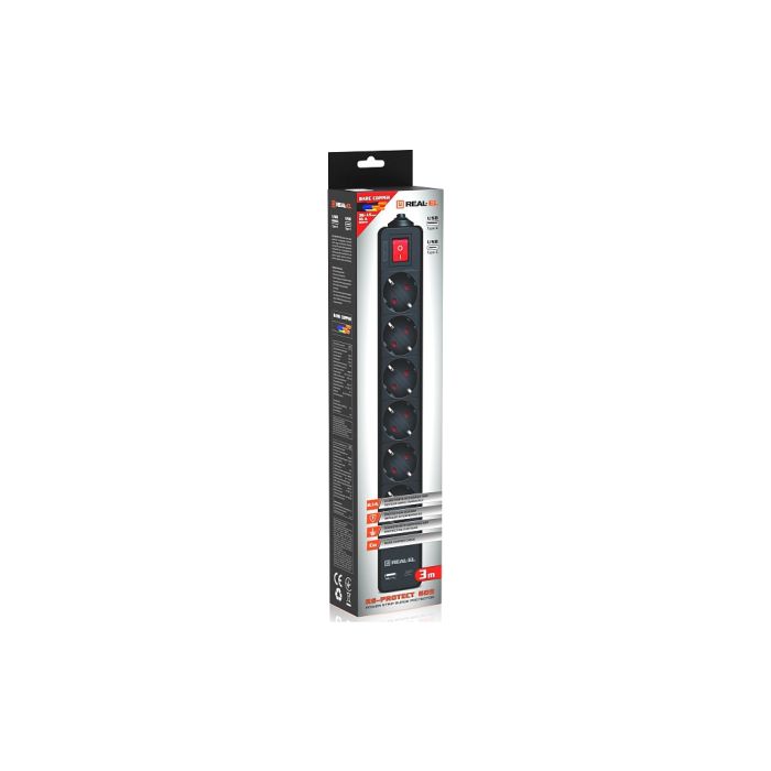Мережевий фільтр живлення REAL-EL RS-PROTECT 605 3m, black (EL122300041)