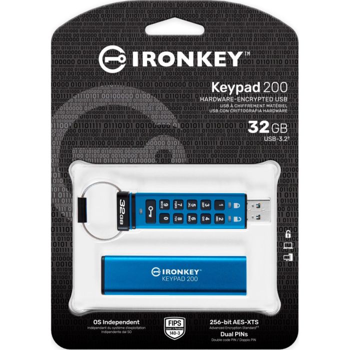 USB флеш накопичувач Kingston 32GB IronKey Keypad 200 AES-256 Encrypted Blue USB 3.2 (IKKP200/32GB)