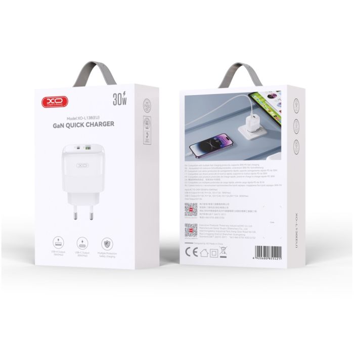 Зарядний пристрій XO L138 48W USB-C PD30W + USB-A QC18W White (L138_White)