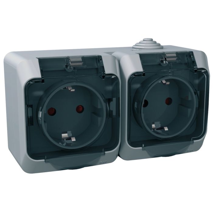 Розетка Schneider Electric CEDAR подвійна 2К+З зі шторками та прозорою кришкою сіра IP44 (WDE000625)