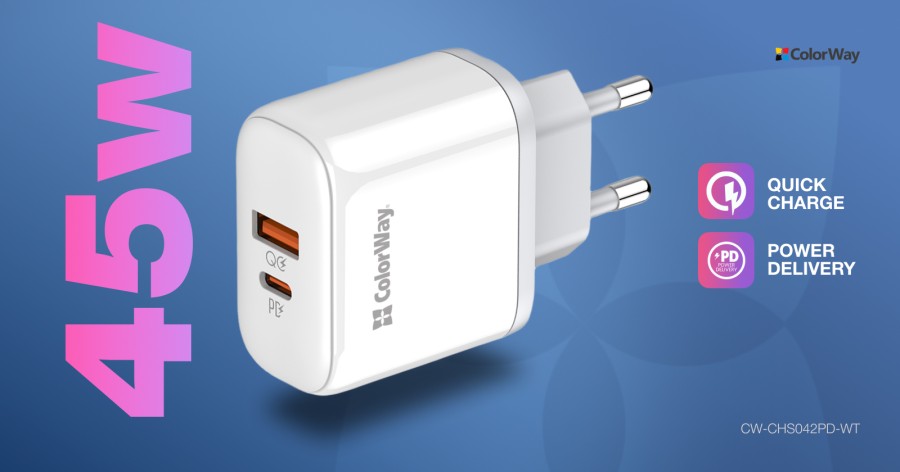 Зарядний пристрій ColorWay Power Delivery Port PPS USB (Type-C PD+ USB QC3.0) (45W) white (CW-CHS042PD-WT)