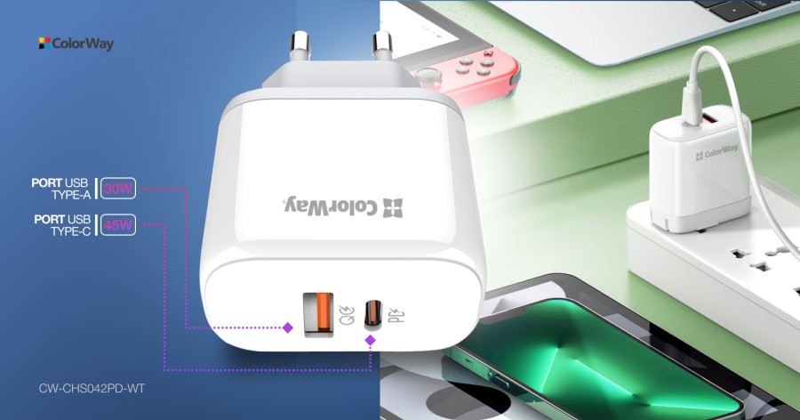 Зарядний пристрій ColorWay Power Delivery Port PPS USB (Type-C PD+ USB QC3.0) (45W) white (CW-CHS042PD-WT)
