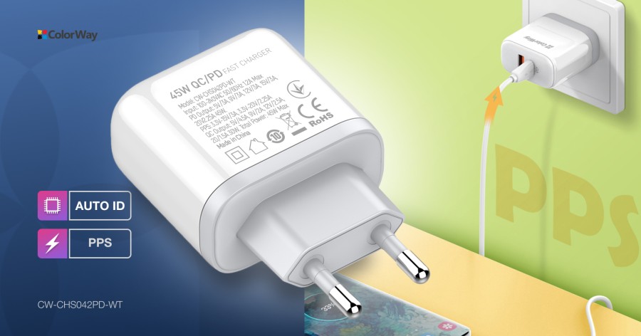 Зарядний пристрій ColorWay Power Delivery Port PPS USB (Type-C PD+ USB QC3.0) (45W) white (CW-CHS042PD-WT)