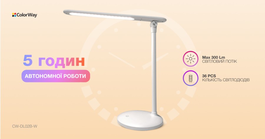 Настільна лампа ColorWay 4W з вбудованим акумулятором 1800 mAh USB in/out 5V*1A, white (CW-DL02B-W)