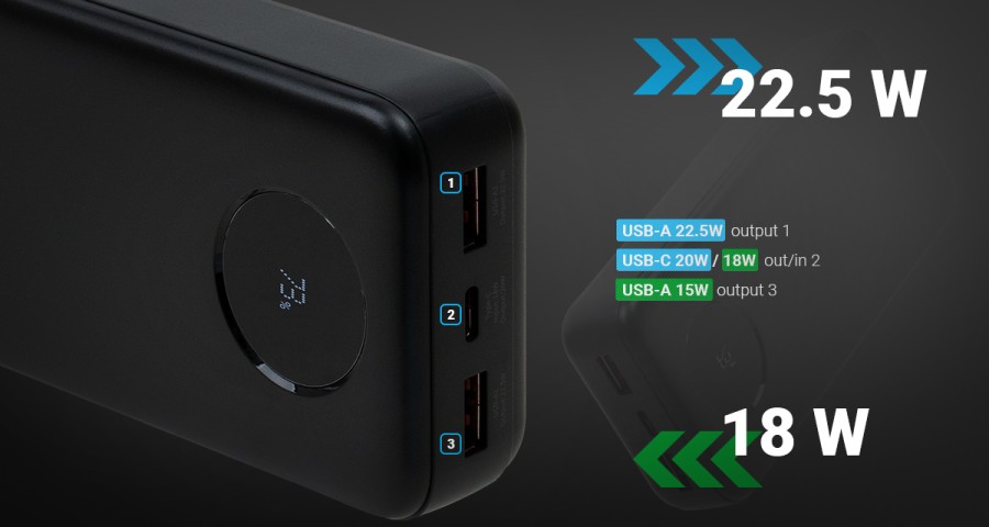 Батарея універсальна Vinga 20000 mAh 22.5W Display Black (VPBB2022)