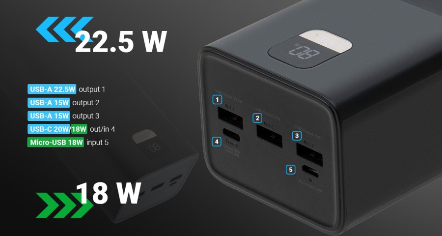 Батарея універсальна Vinga 40000 mAh 22.5W Display Black (VPBB4022)