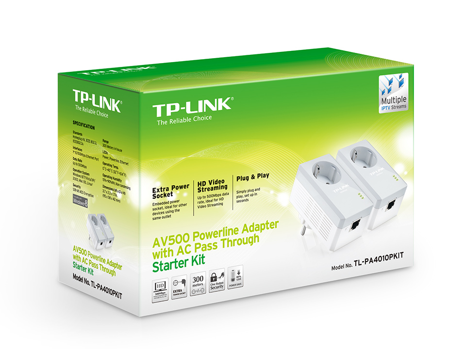 Комплект Адаптерiв Powerline TP-LINK TL-PA4010PKIT AV600, 1xFE, (TL-PA4010 2шт), Розетка