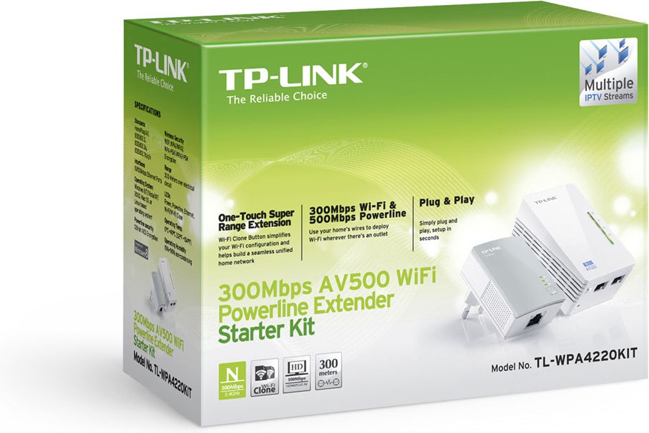 Комплект Адаптерiв Powerline TP-LINK TL-WPA4220KIT AV600, N300, (TL-WPA4220 1шт, TL-PA4010 1шт)