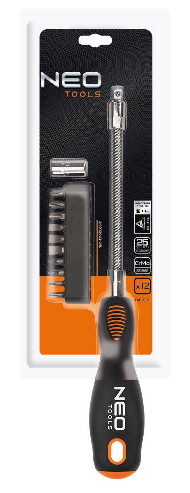 Отвертка Neo Tools битодержатель с гибким стержнем 1/4", переходник, 10 бит, SL,PH,PZ,Torx