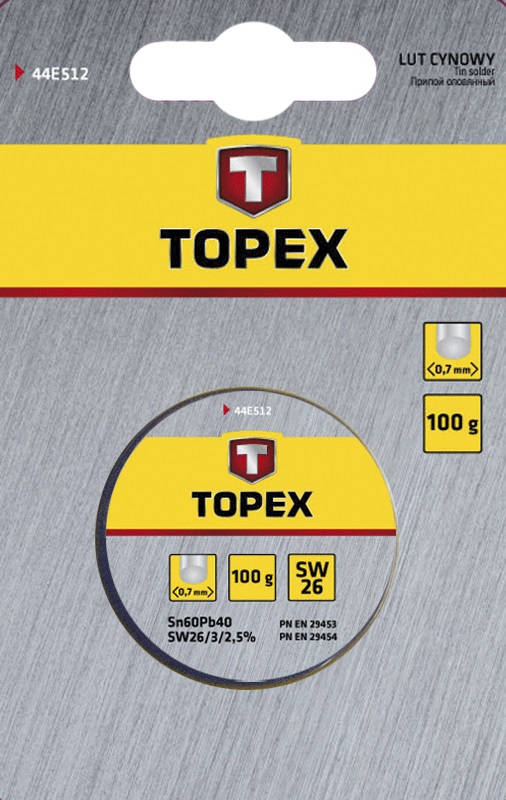 Припій олов'яний TOPEX, Sn60Pb40, флюс SW26, дріт 0.7мм, 100г