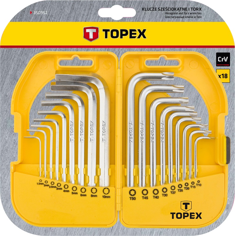 Ключі шестигранні та Torx TOPEX, набір 18шт, CrV, 1.5-10мм, T10-T50