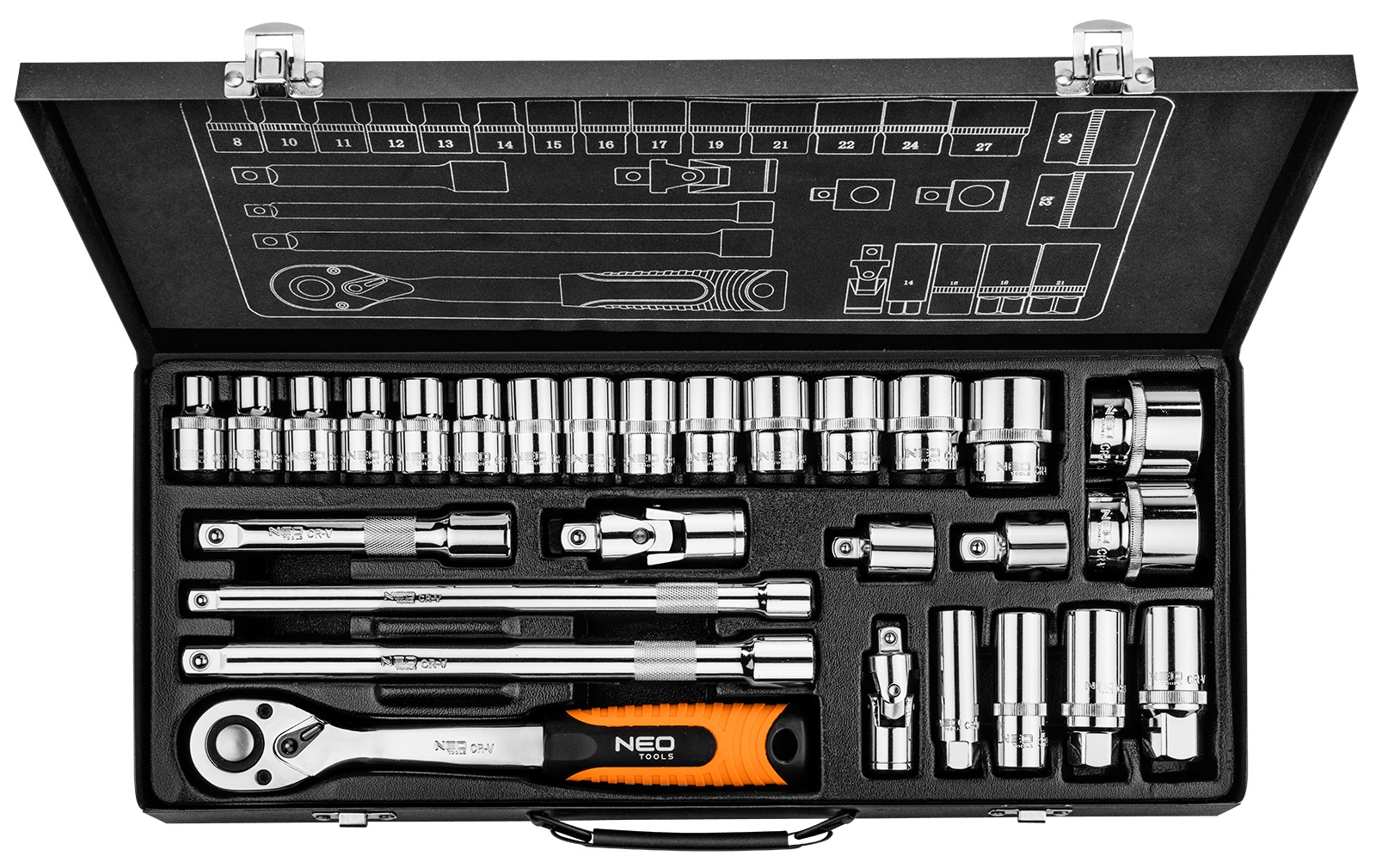 Набір інструментів Neo Tools, Набір торцевих головок 1/2", 3/8", 28шт