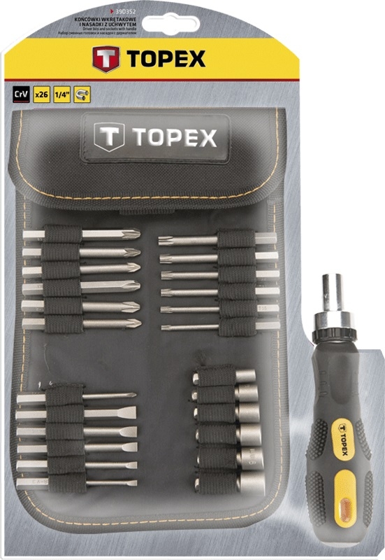 Біти TOPEX, набір 26шт, 1/4", бітотримач, торцеві головки 6шт, SL,PH,PZ,T, CrV