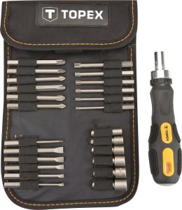 Біти TOPEX, набір 26шт, 1/4", бітотримач, торцеві головки 6шт, SL,PH,PZ,T, CrV