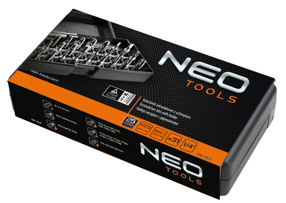 Біти Neo Tools, 31шт, 1/4", бітотримач, SL,PH,PZ,H,T,TT, 25мм, сталь S2, кейс