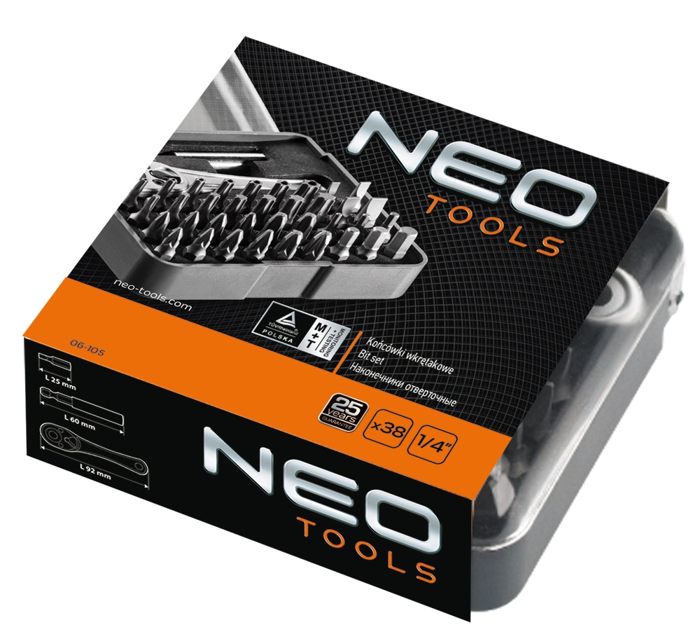 Біти Neo Tools, набір 38шт, 1/4", бітотримач, тріскачка, SL,PH,PZ,H,T,TT, 25мм, сталь S2, кейс