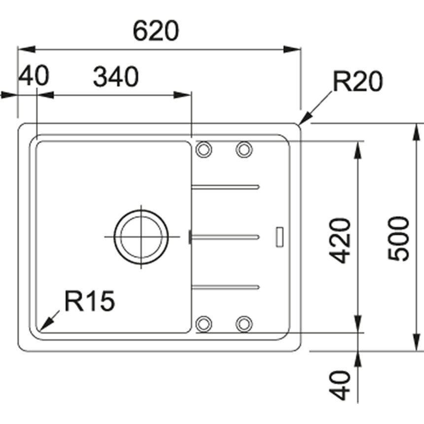 Мийка кухонна Franke Basis, фраграніт, прямокутник, з крилом, 620х500х200мм, чаша - 1, накладна, BFG 611-62, онікс