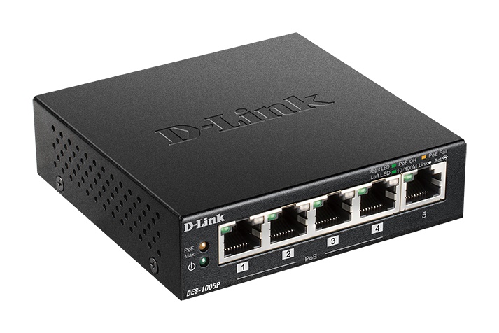 Комутатор D-Link DES-1005P 5xFE PoE (4x PoE, 1x Uplink, 60W)