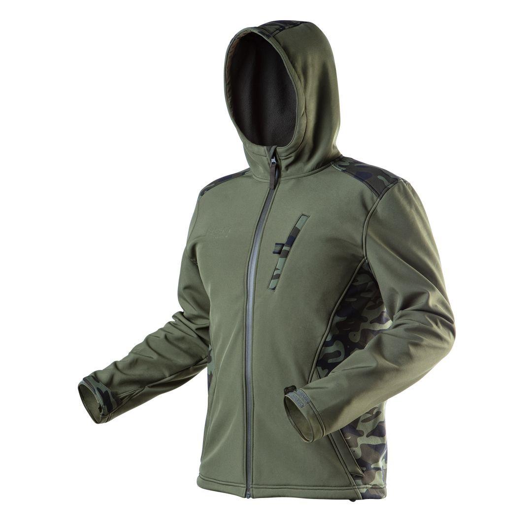 Куртка робоча Neo Tools Camo, матеріал Softshell, підкладка фліс, вітро та водонепроникна, капюшон, XL(54), оливковий