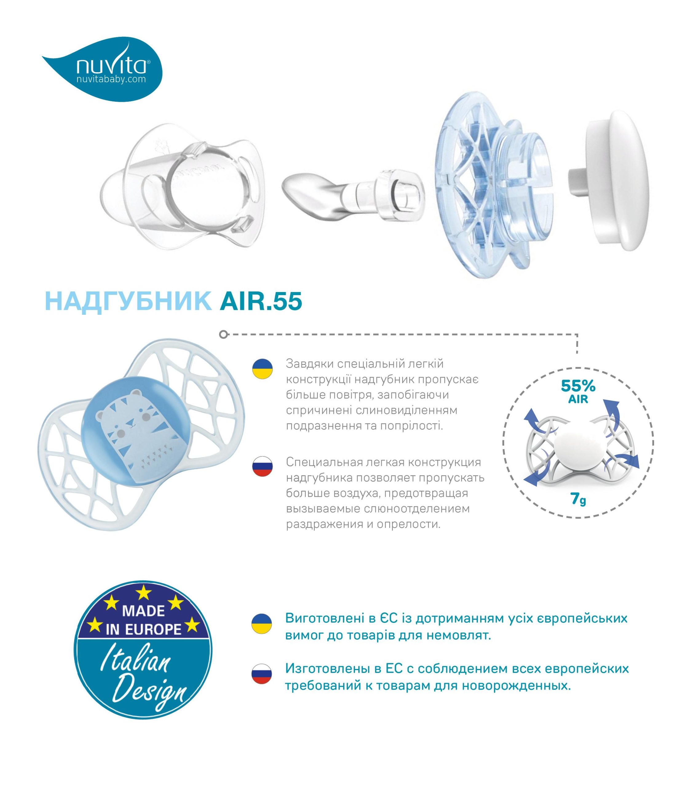 Пустушка Nuvita Air55 Explorer, 0міс+, ортодонтична, 2шт, світиться у темряві, ведмідь/пінгвін