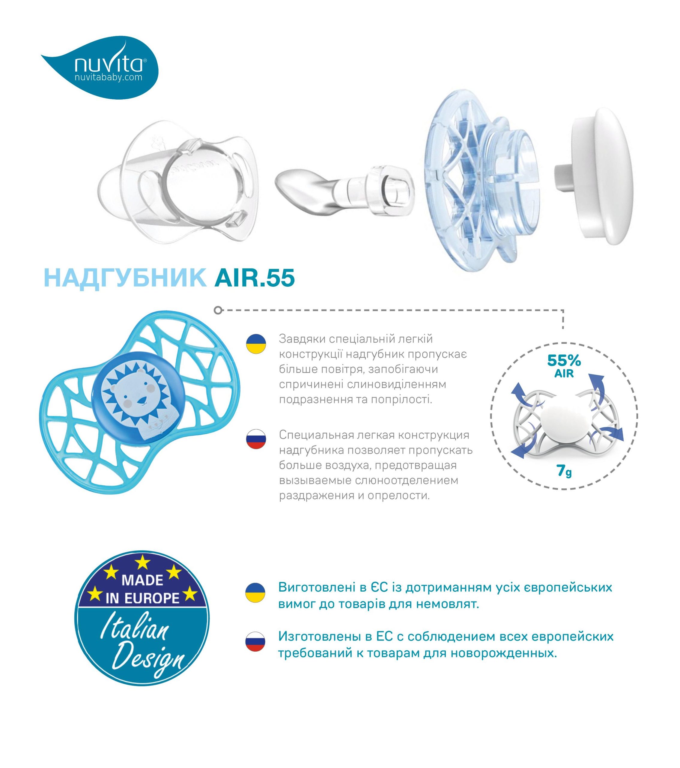 Пустушка Nuvita Air55 Explorer 6міс+, ортодонтична, 2шт, кіт/панда