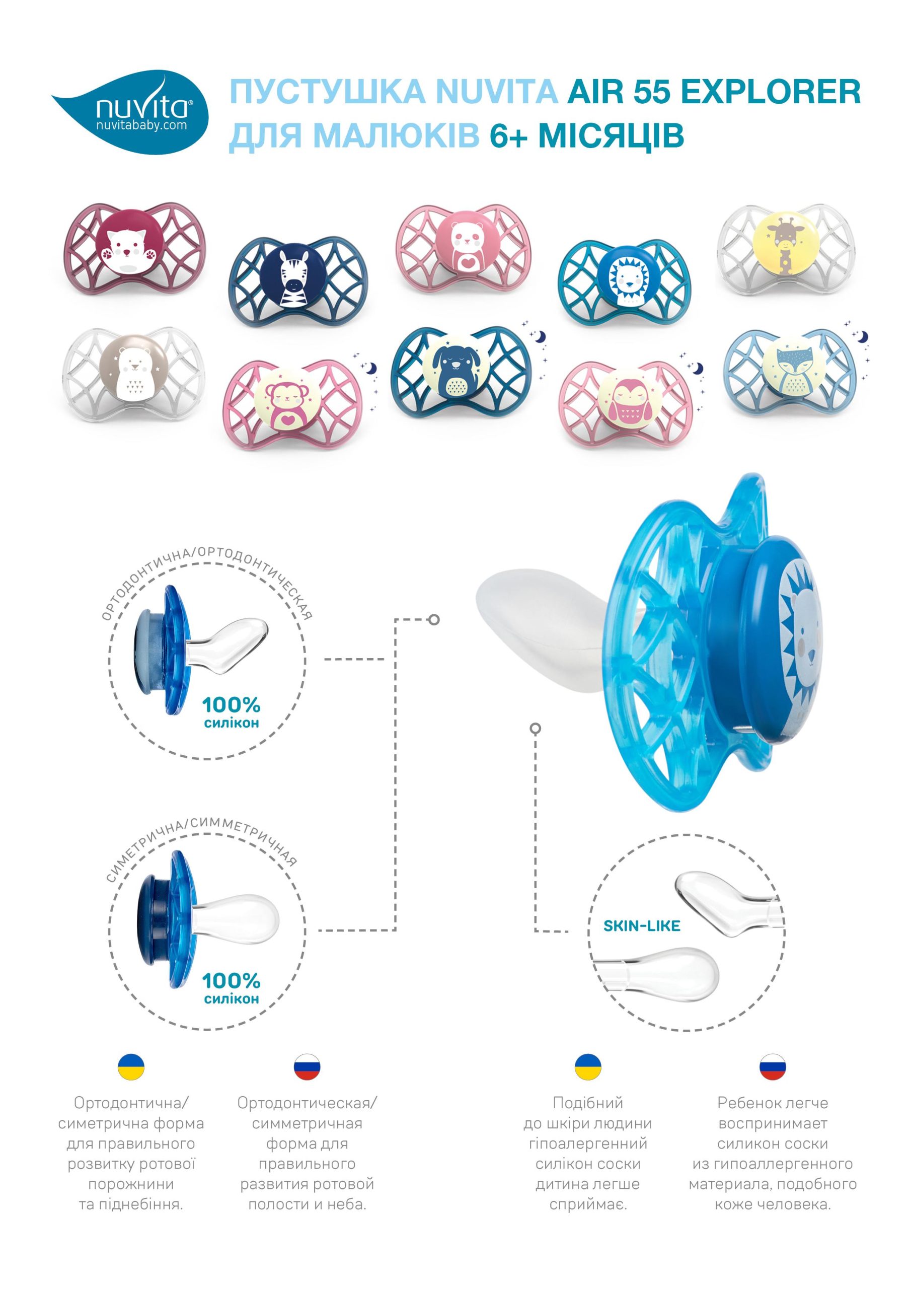 Пустушка ортодонтична Nuvita NV7086 Air55 Explorer 6m + 2шт. (Зебра, лев) (NV7086M)