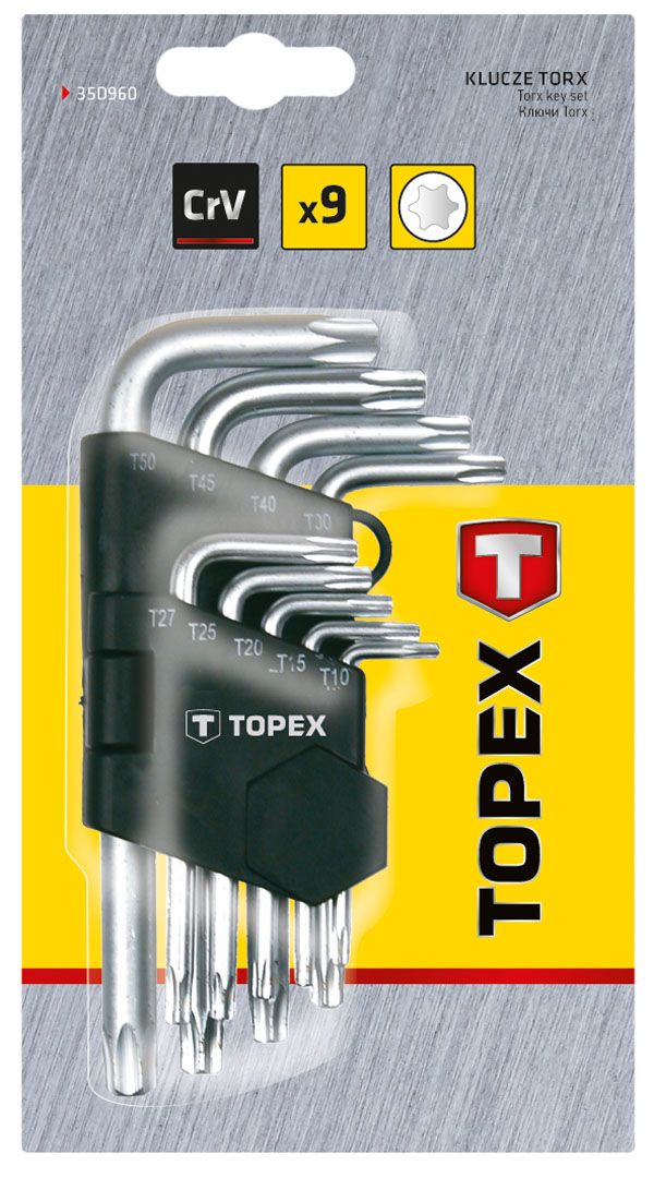 Ключі Torx TOPEX, набір 9шт, короткі, CrV, T10-T50