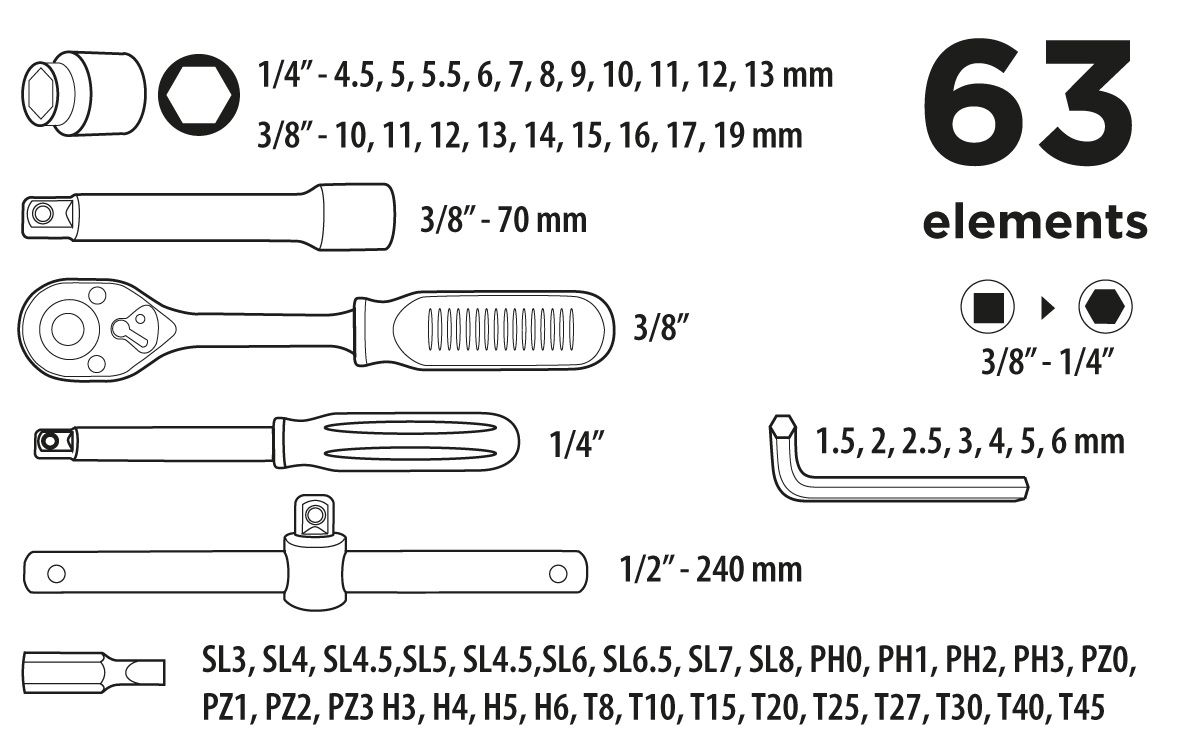 Набір інструментів Top Tools, 3/8", 63шт