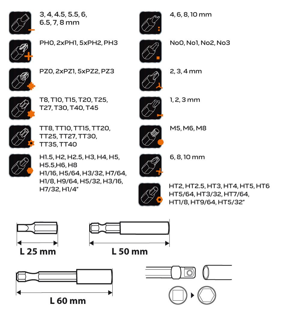 Біти Neo Tools, набір 99шт, 1/4", тримачі 2шт, перхідники 3шт, SL,PH,PZ,H,T,TT, 25мм, сталь S2, кейс