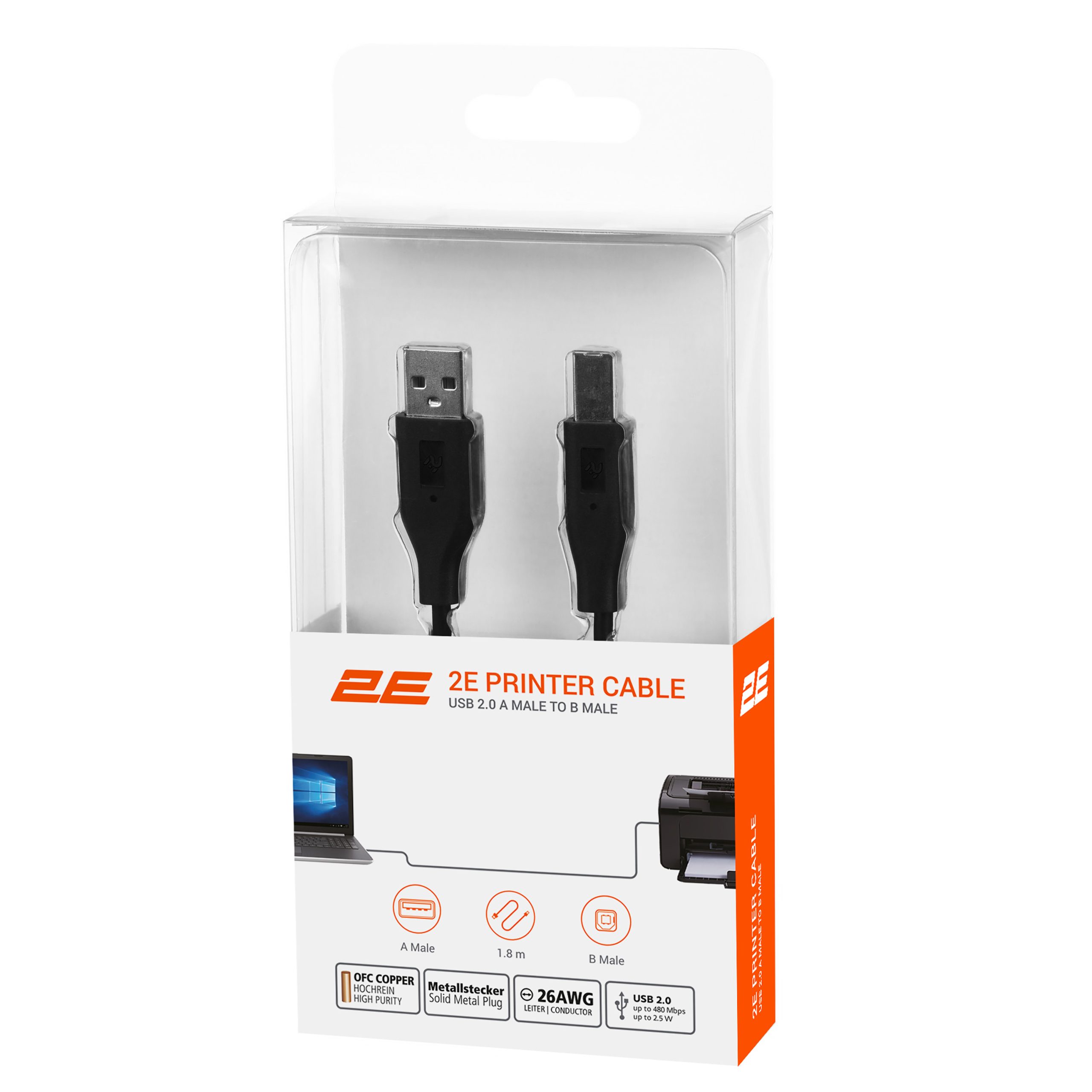 Кабель 2E USB 2.0 (AM/BM) DSTP, 1.8m, Black (2E-W-3169m1.8)