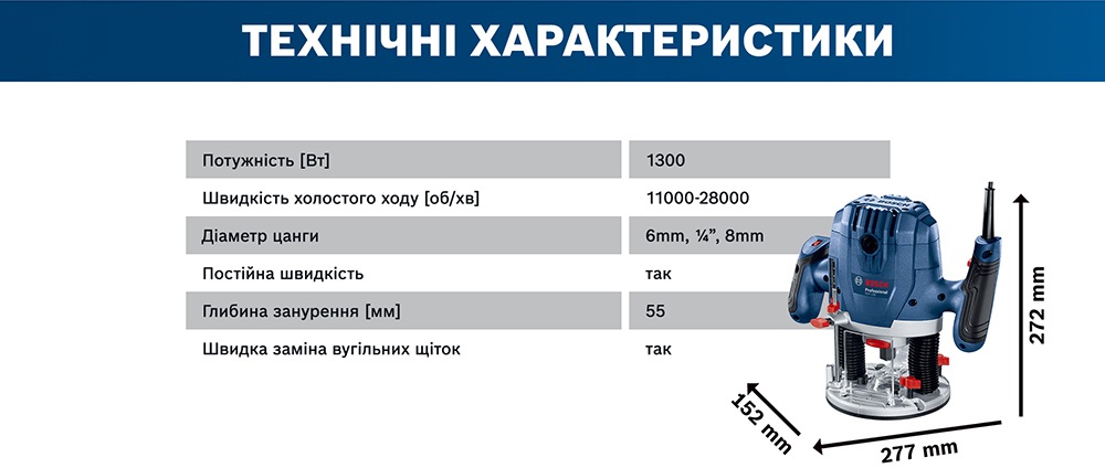 Фрезер Bosch GOF 130, 1300Вт, 11000-28000 об/хв, цанга 6 та 8мм, 3.5кг