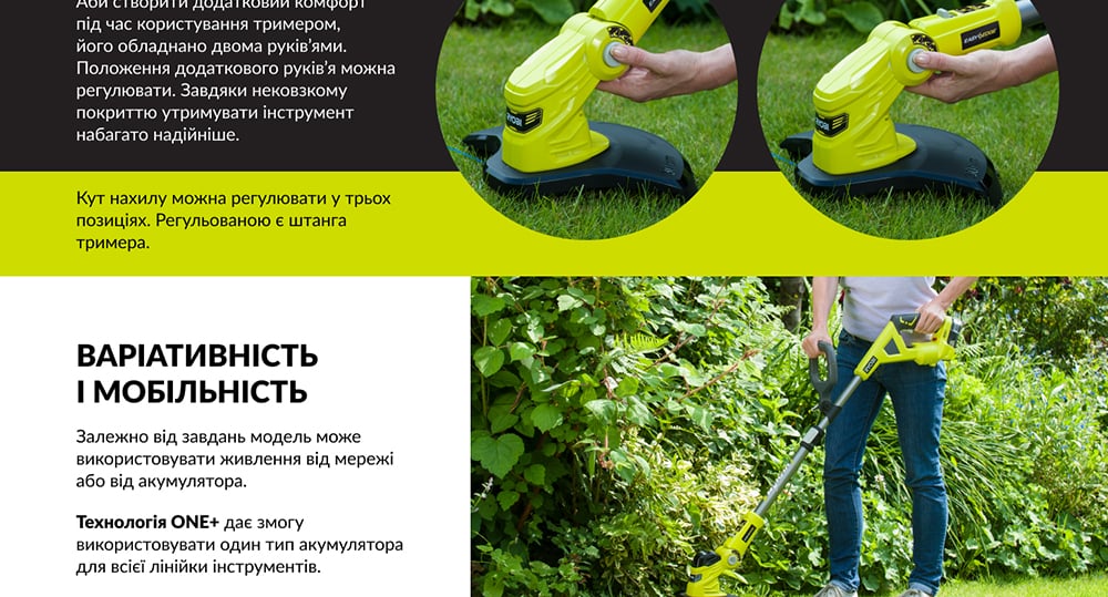 Триммер Ryobi ONE+ Hybrid RLT1831H20F 18В/220В 1х2А/ч, ширина скашивания 25/30см