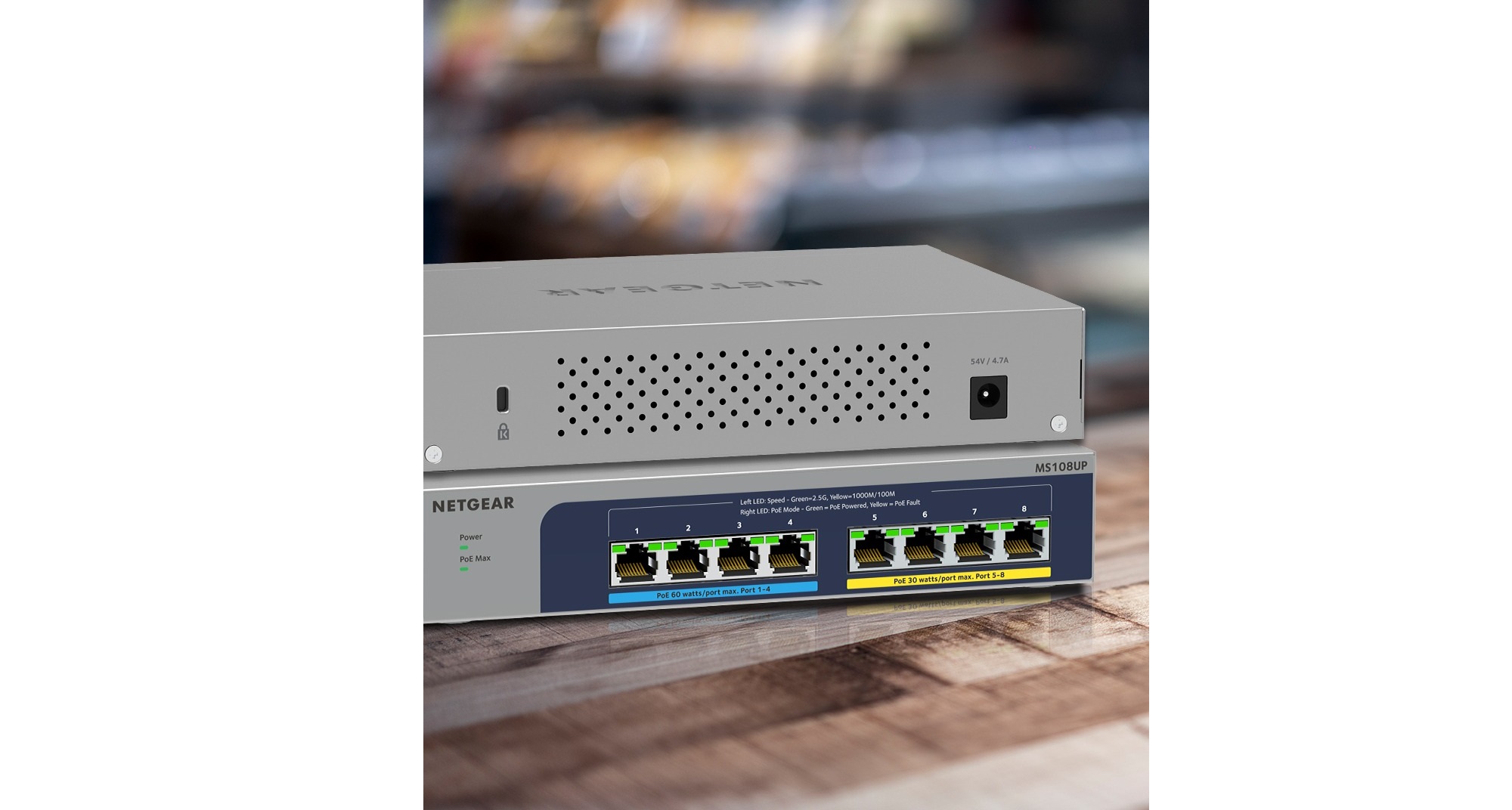 Комутатор NETGEAR MS108UP, 4×2,5GE PoE+, 4×2,5GE PoE++(60Вт/порт), 230Вт, некерований (MS108UP-100EUS)