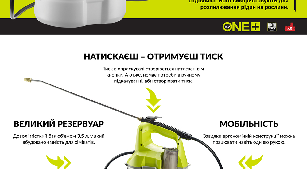 Обприскувач Ryobi ONE+OWS1880 акумуляторний (без АКБ і ЗУ)