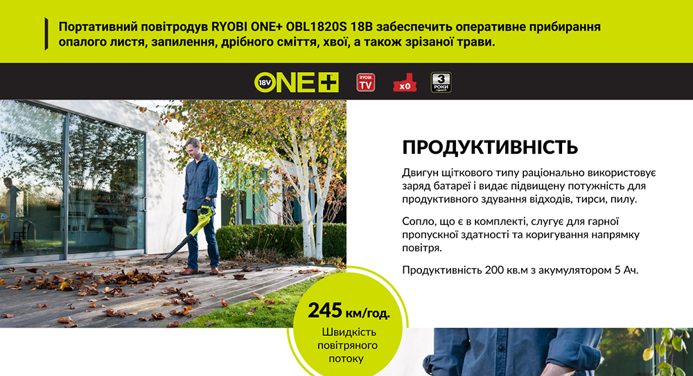 Повітродувка акумуляторна Ryobi ONE+ OBL1820S (без АКБ та ЗП) (5133002663)