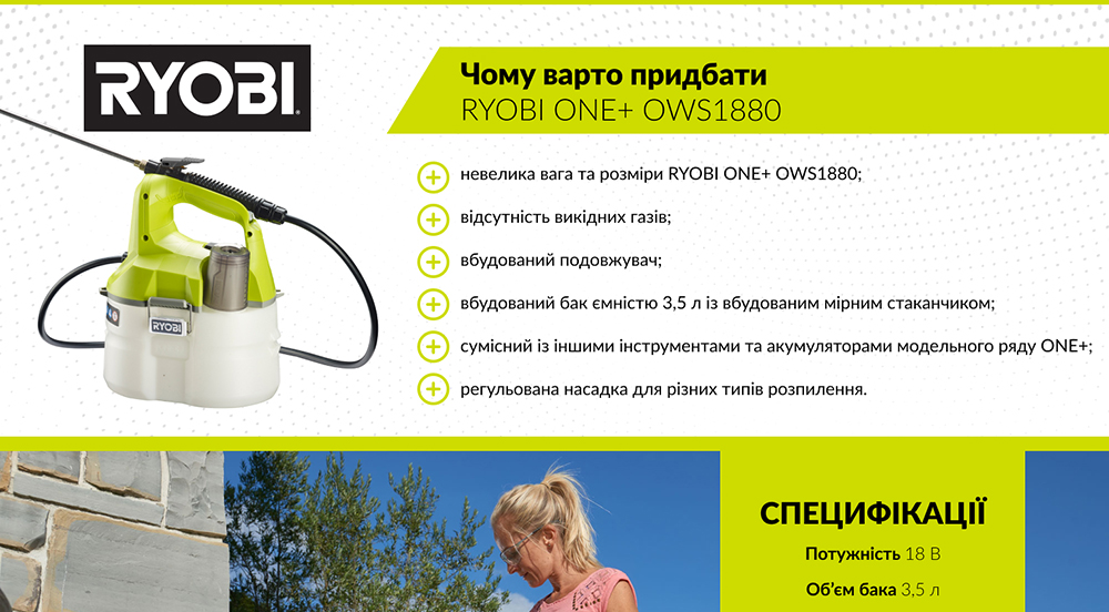 Обприскувач Ryobi ONE+OWS1880 акумуляторний (без АКБ і ЗУ)