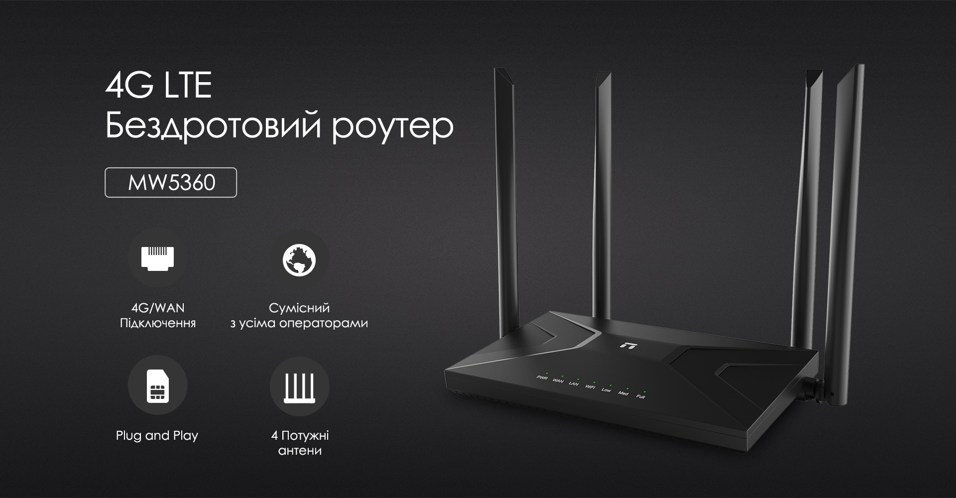 Маршрутизатор Netis MW5360 N300, 4G LTE 1xSIM card slot, 2xFE LAN, 1xFE WAN, 4x внешн. ант.